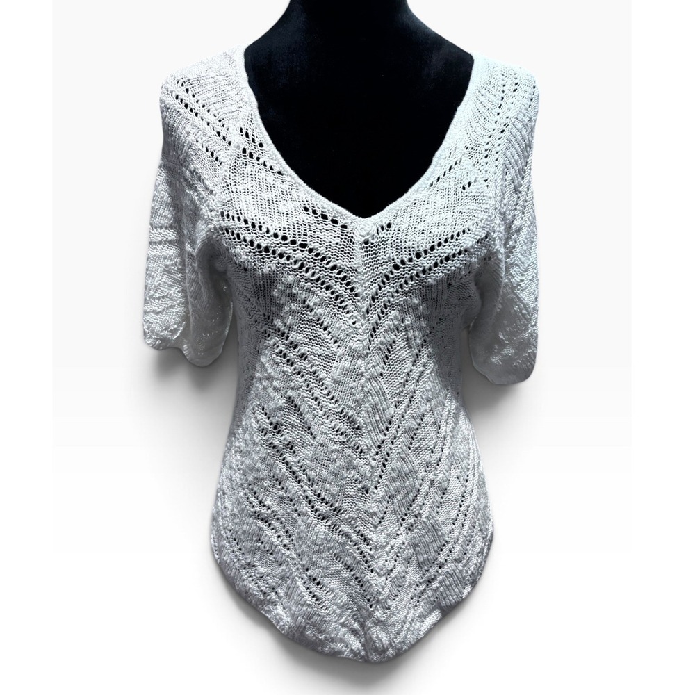 Isela Cream Chevron Pointelle Knit V-Neck Short Sleeve Sweater Top Medium